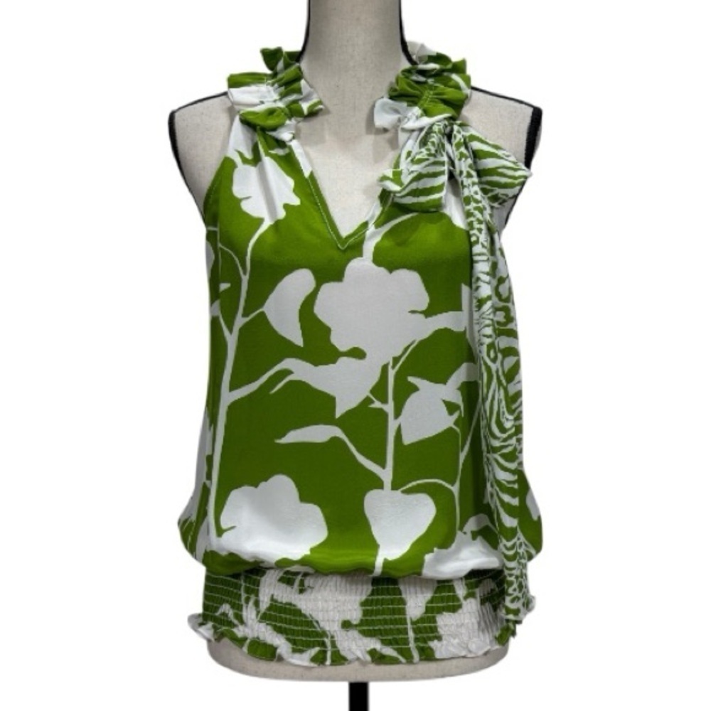 Karen Kane 100% Silk Green White Floral Ruffle Neck Sleeveless Tie Scarf Blouse